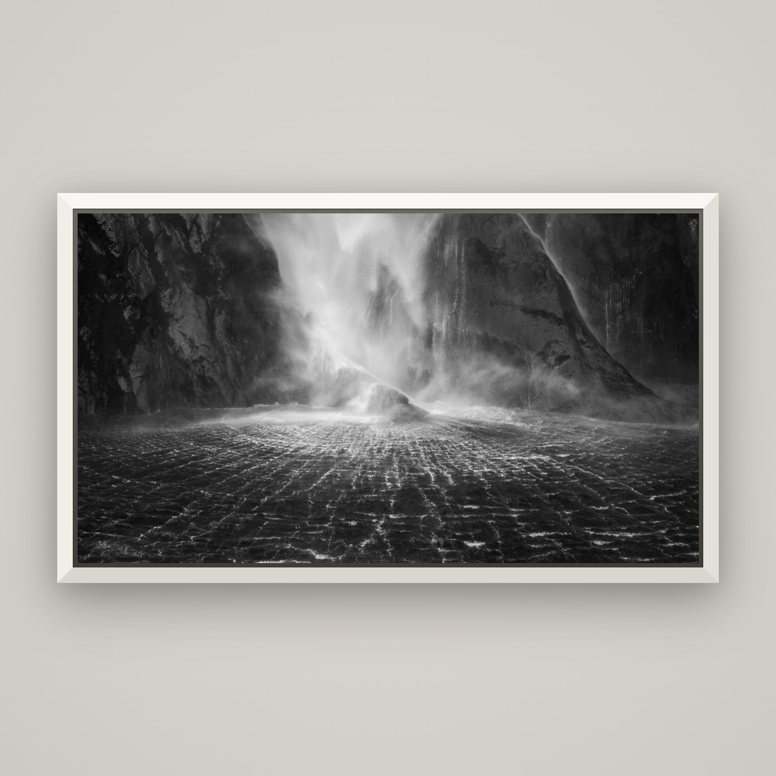 Stirling Falls, Milford Sound — Basel White, 160×90 cm. New Zealand fine art wall art by Stephen Milner.