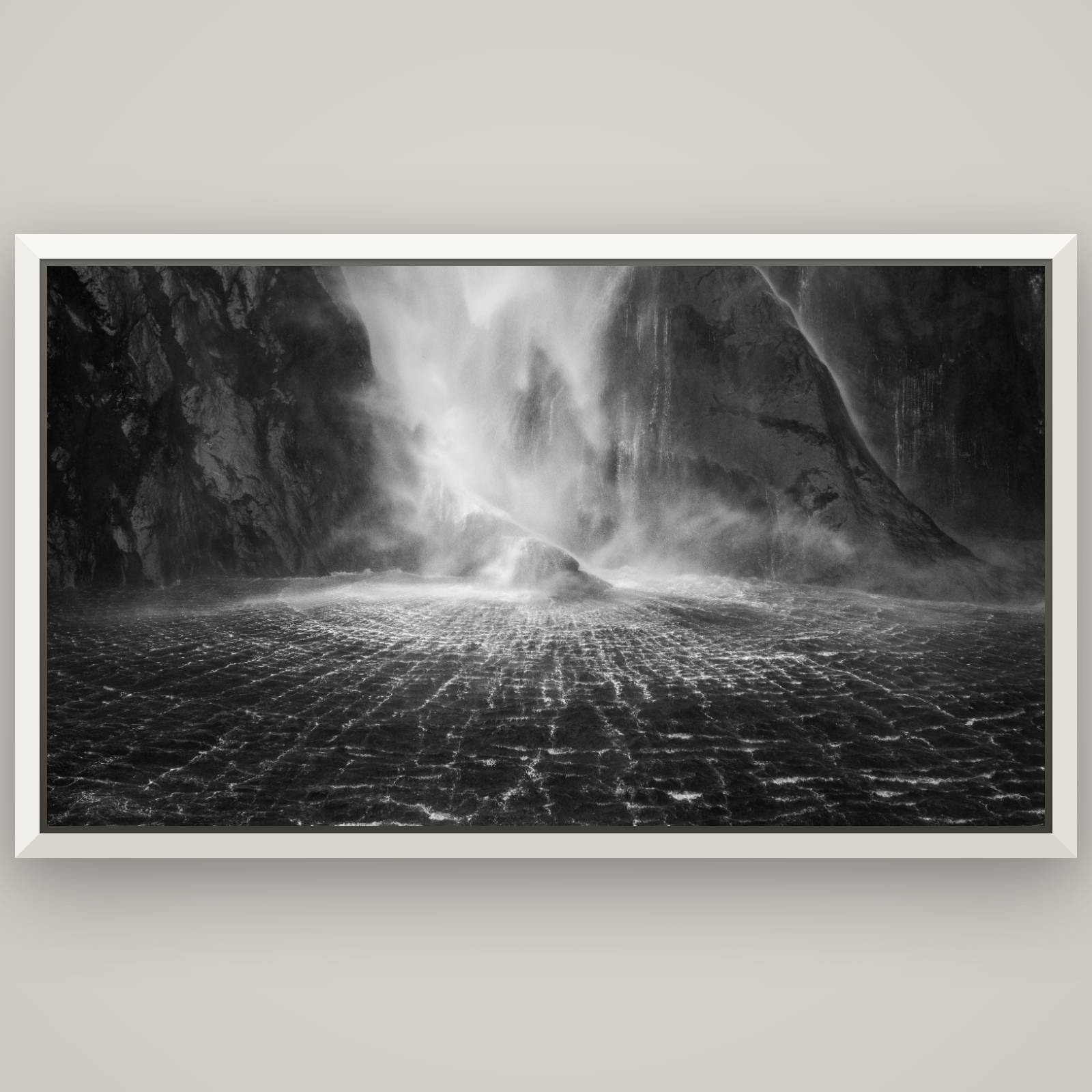 Stirling Falls, Milford Sound — Basel White, 196×110 cm. New Zealand fine art wall art by Stephen Milner.