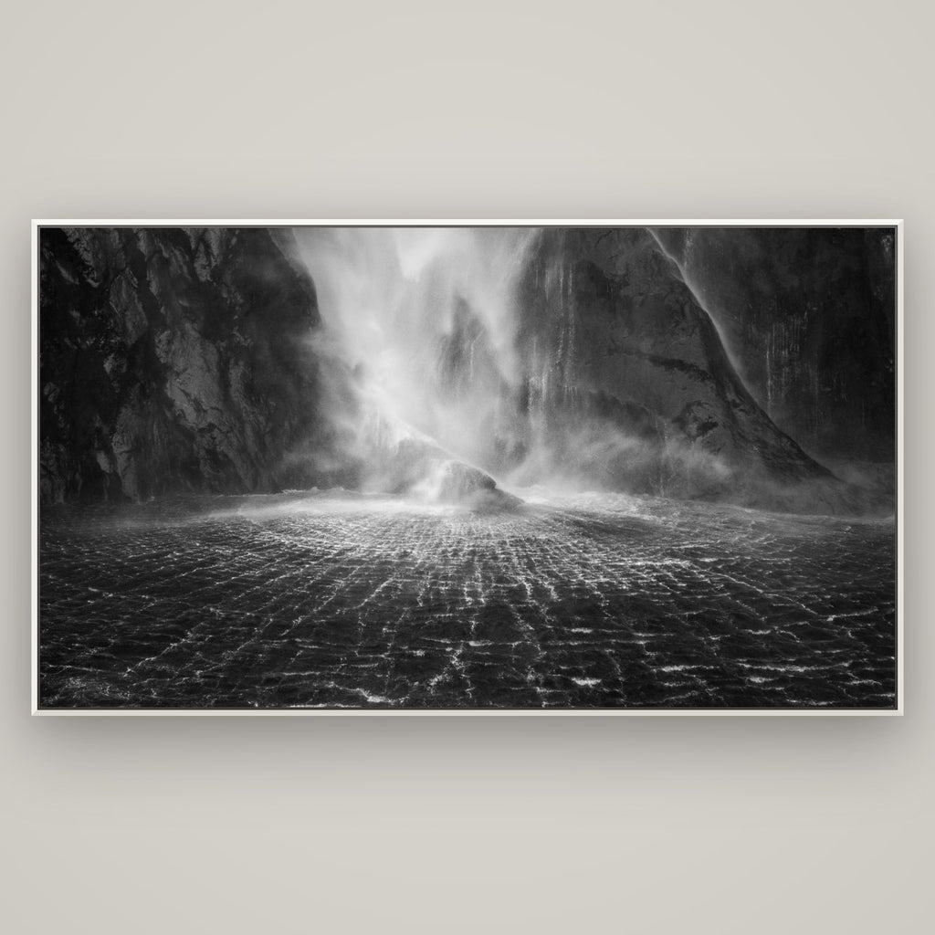 Stirling Falls, Milford Sound — Basel White, 196×110 cm. New Zealand fine art wall art by Stephen Milner.