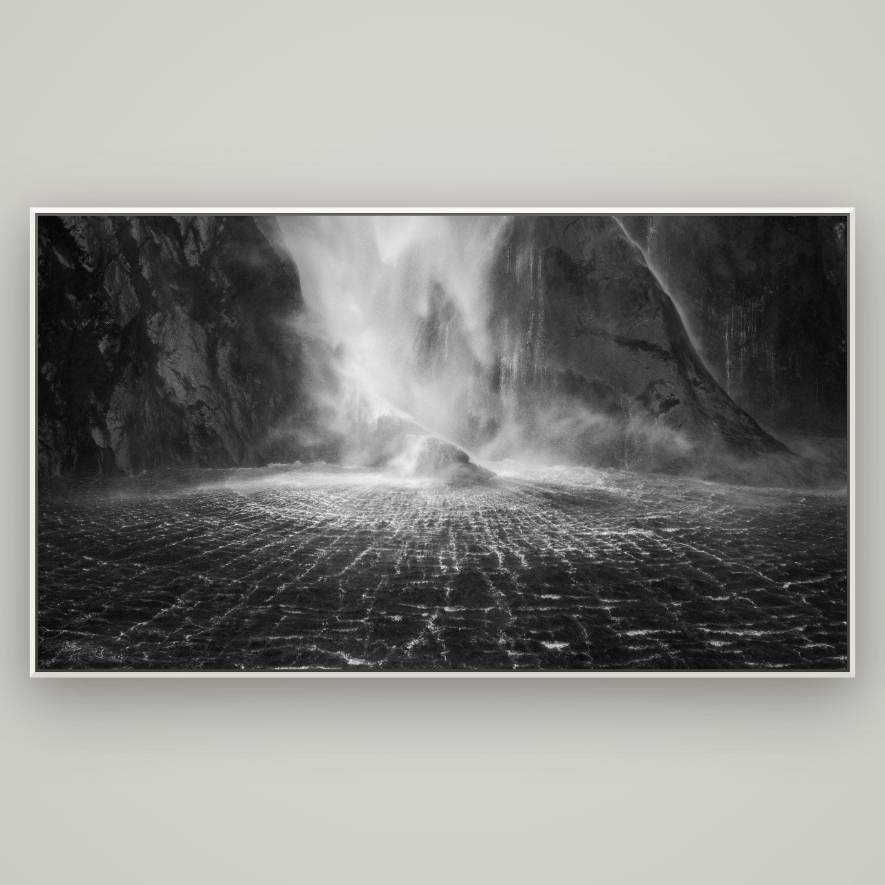 Stirling Falls, Milford Sound — Basel White, 196×110 cm. New Zealand fine art wall art by Stephen Milner.
