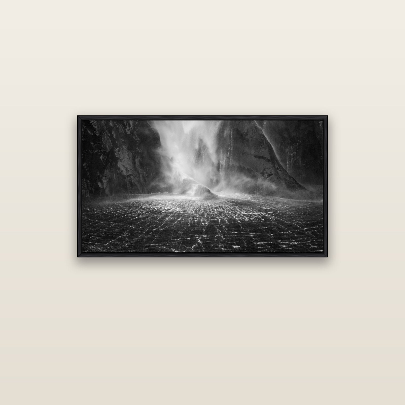 Stirling Falls, Milford Sound — black float frame canvas, 102 × 56 cm. New Zealand fine art landscape wall art by Stephen Milner.