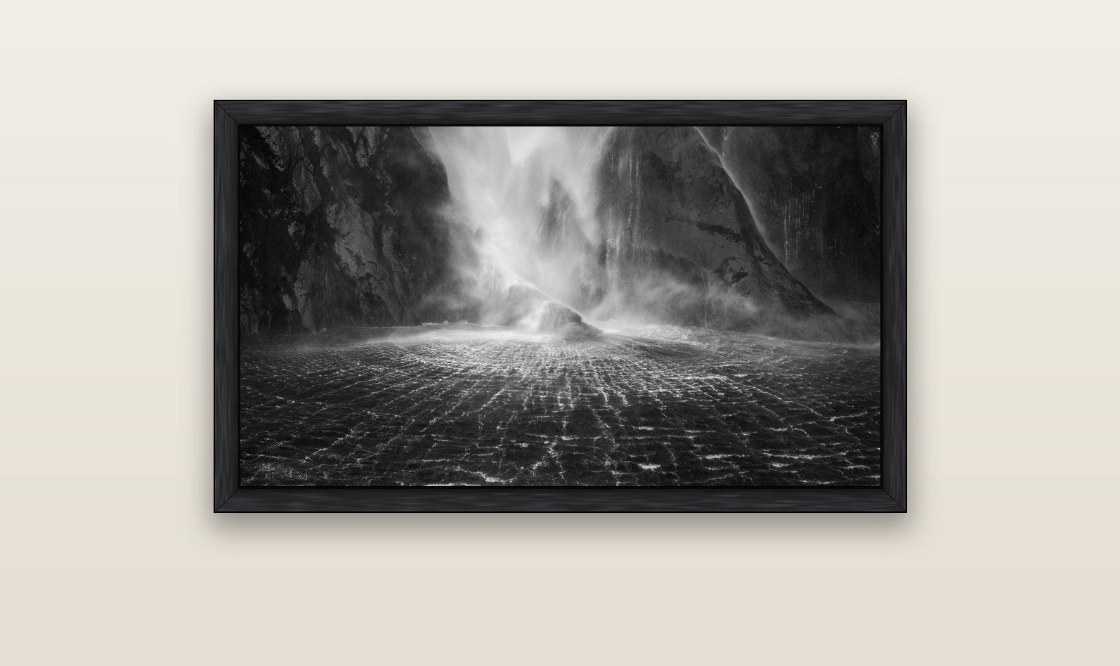 Stirling Falls, Milford Sound — black float frame canvas, 102 × 56 cm. New Zealand fine art landscape wall art by Stephen Milner.