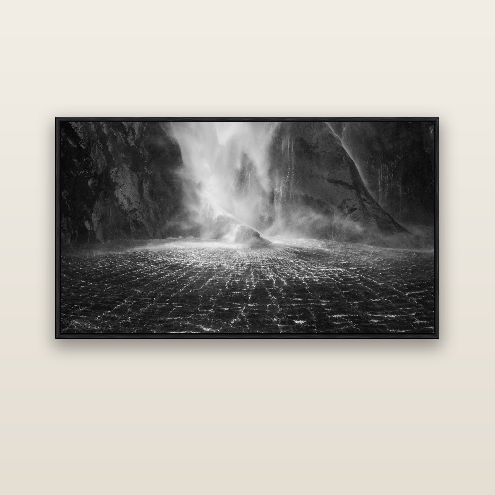 Stirling Falls, Milford Sound — black float frame canvas, 152 × 86 cm. New Zealand fine art landscape wall art by Stephen Milner.