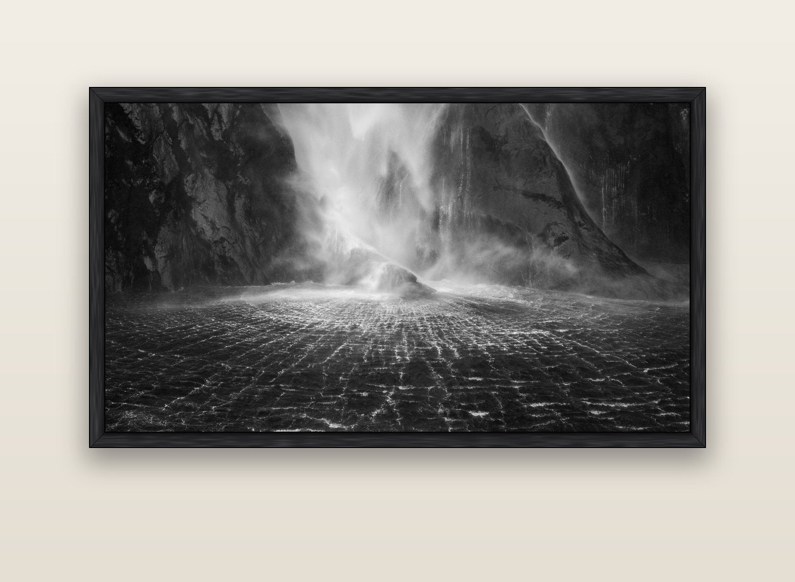 Stirling Falls, Milford Sound — black float frame canvas, 152 × 86 cm. New Zealand fine art landscape wall art by Stephen Milner.