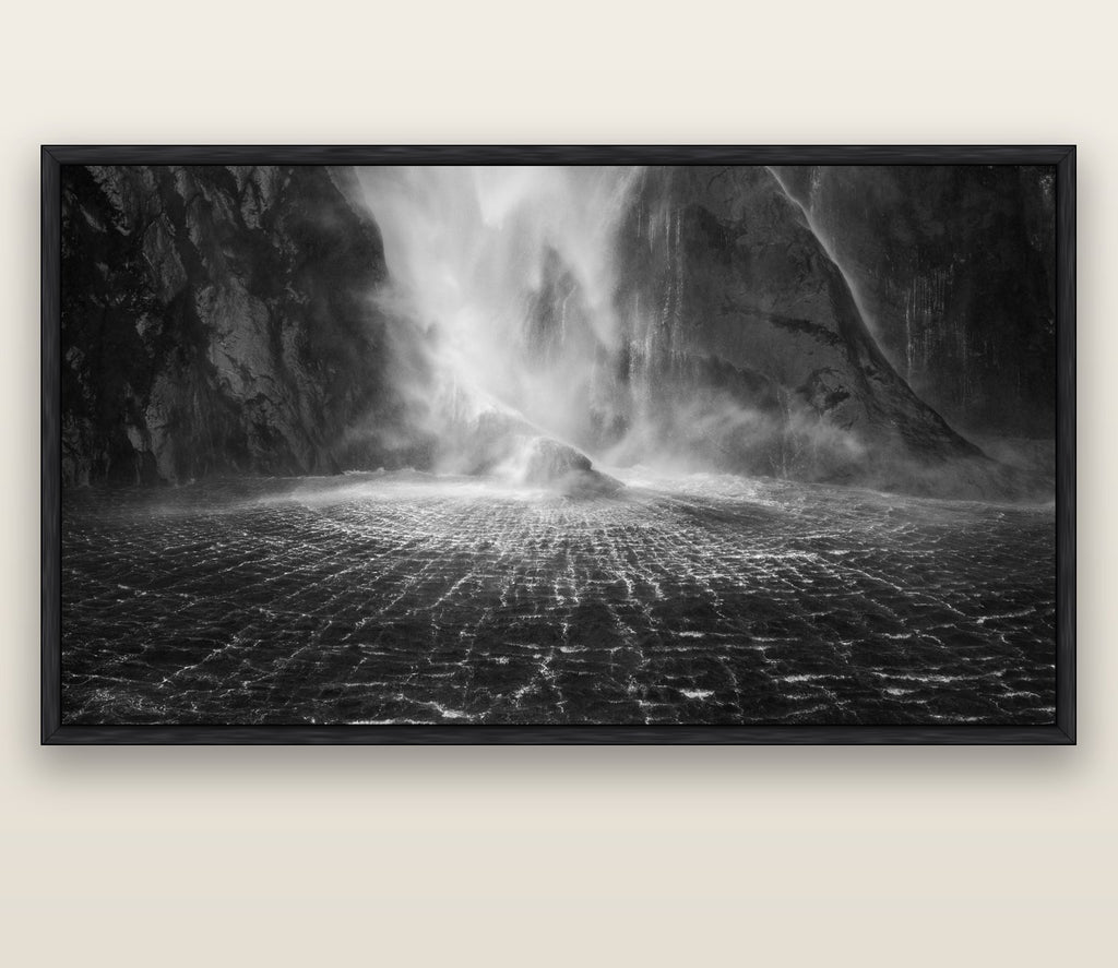Stirling Falls, Milford Sound — black float frame canvas, 200 × 130 cm. New Zealand fine art landscape wall art by Stephen Milner.