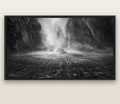Stirling Falls, Milford Sound — black float frame canvas, 200 × 130 cm. New Zealand fine art landscape wall art by Stephen Milner.
