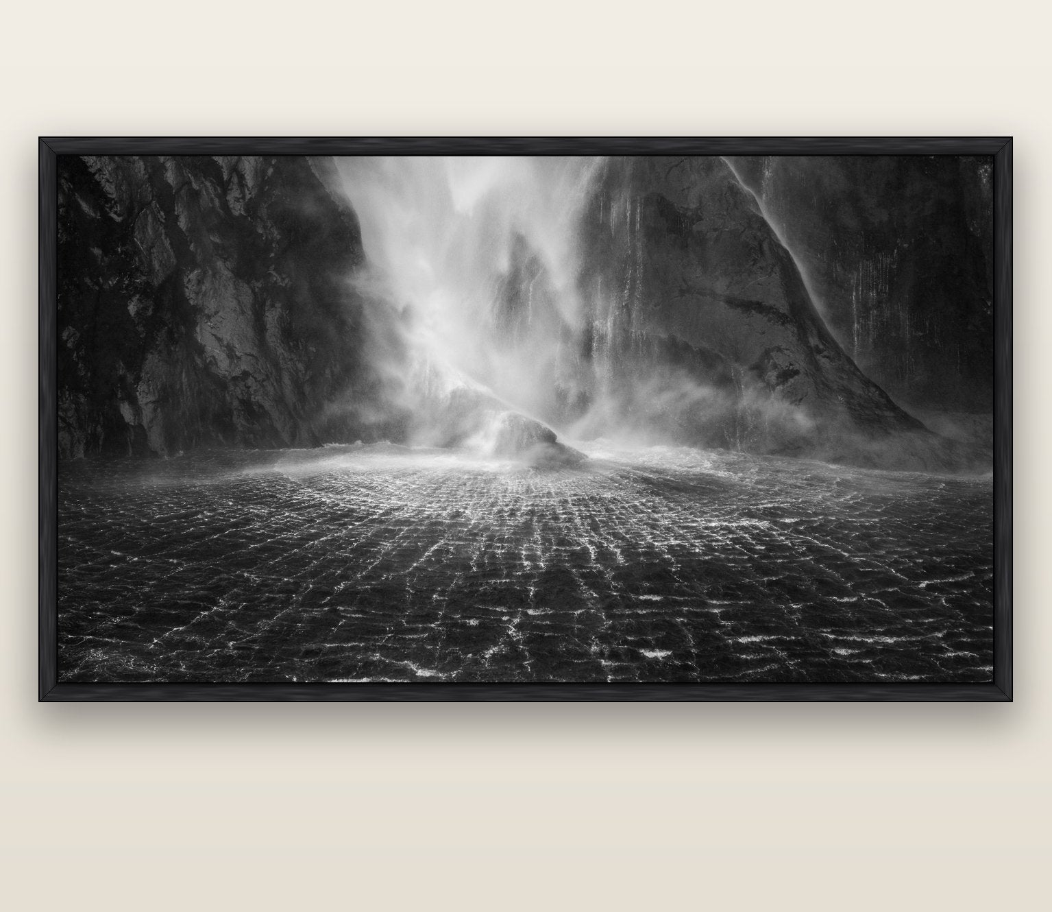 Stirling Falls, Milford Sound — black float frame canvas, 200 × 130 cm. New Zealand fine art landscape wall art by Stephen Milner.