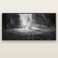 Stirling Falls, Milford Sound — black float frame canvas, 201 × 99 cm. New Zealand fine art landscape wall art by Stephen Milner.
