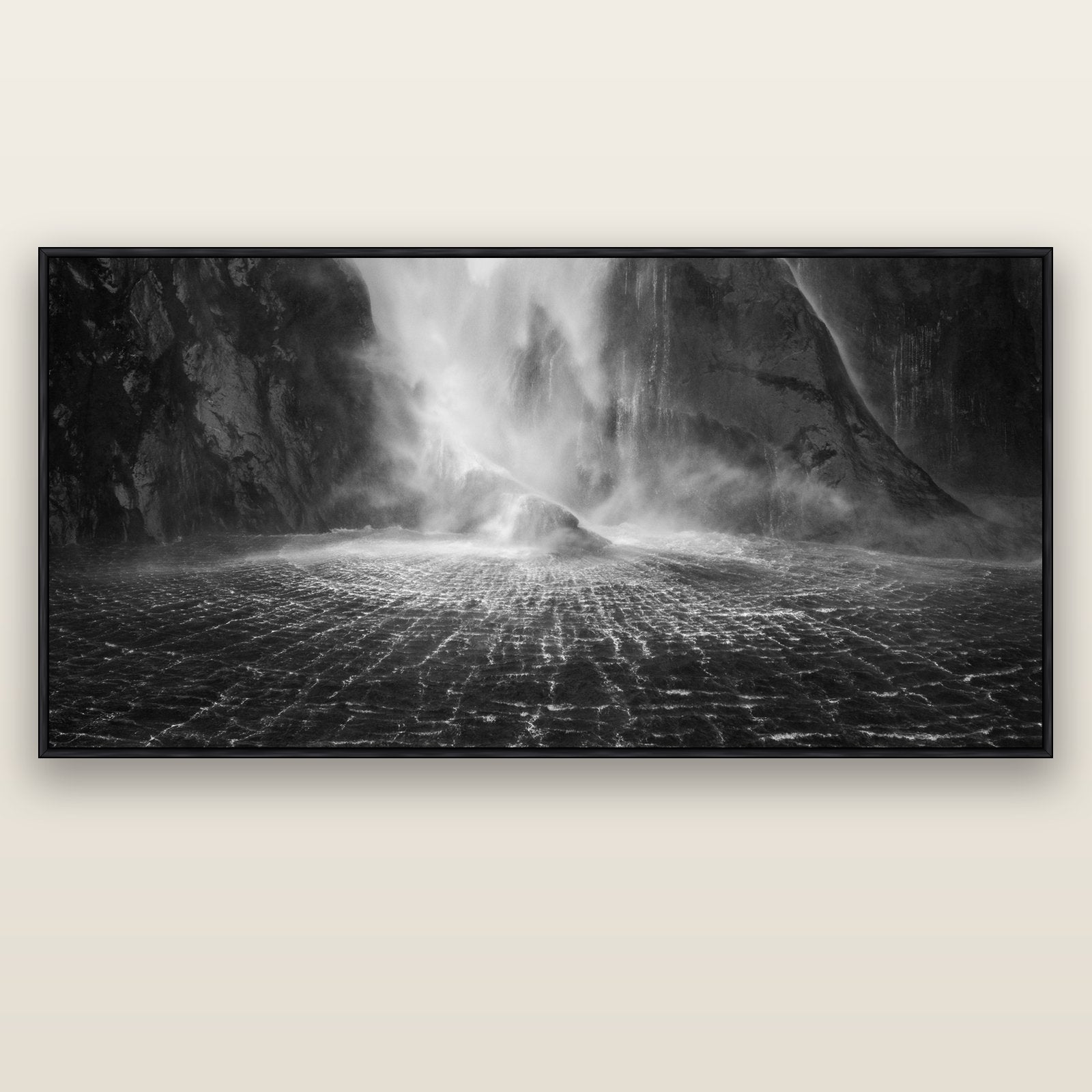 Stirling Falls, Milford Sound — black float frame canvas, 201 × 99 cm. New Zealand fine art landscape wall art by Stephen Milner.
