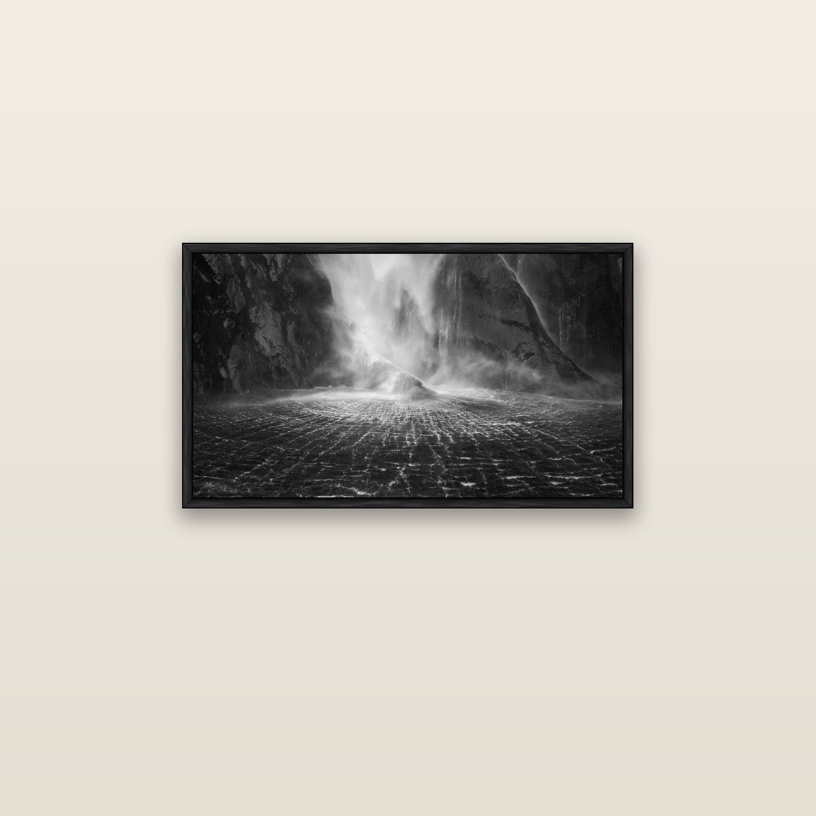Stirling Falls, Milford Sound — black float frame canvas, 81 × 46 cm. New Zealand fine art landscape wall art by Stephen Milner.