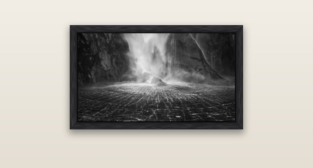 Stirling Falls, Milford Sound — black float frame canvas, 81 × 46 cm. New Zealand fine art landscape wall art by Stephen Milner.