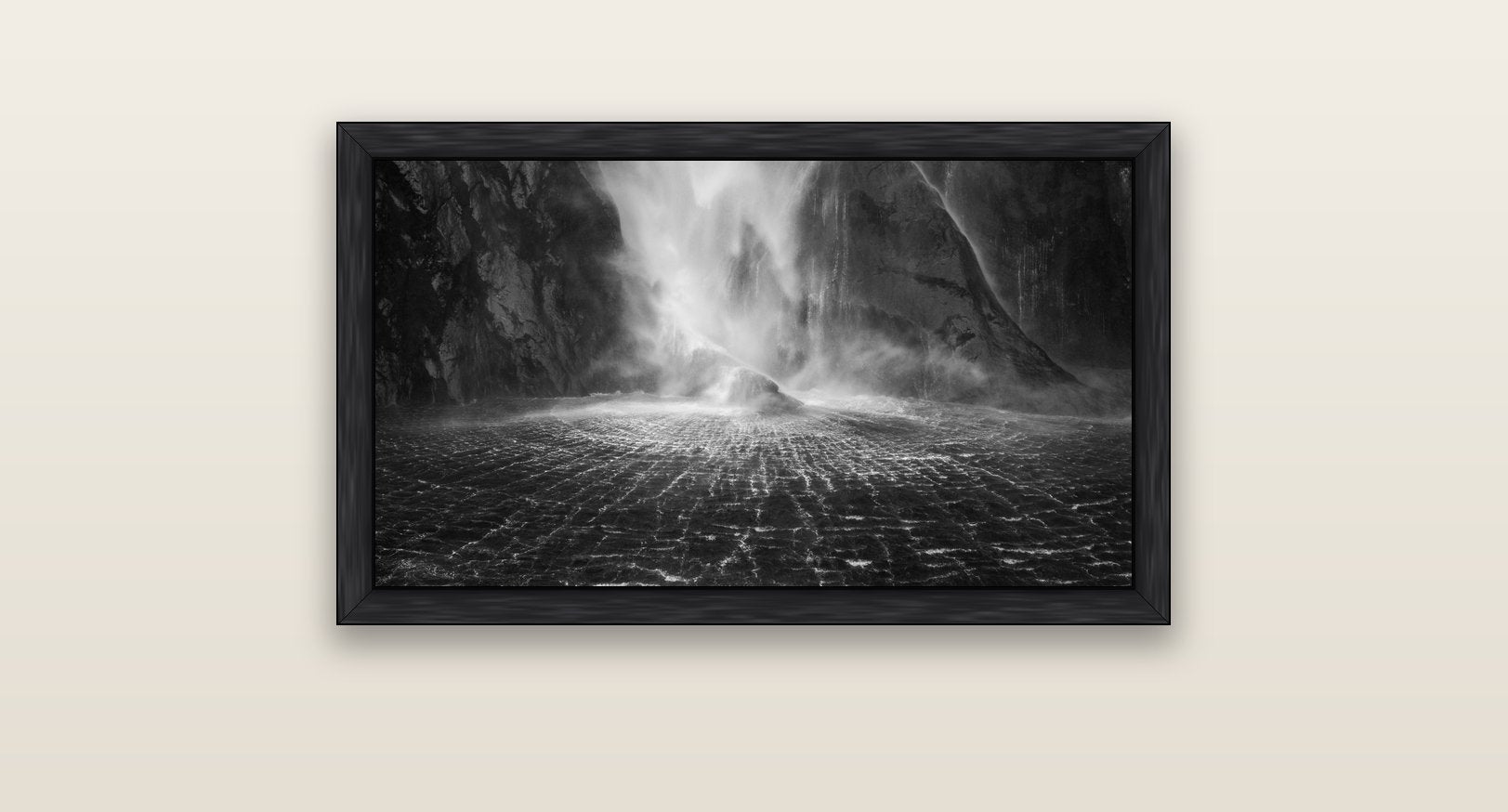 Stirling Falls, Milford Sound — black float frame canvas, 81 × 46 cm. New Zealand fine art landscape wall art by Stephen Milner.