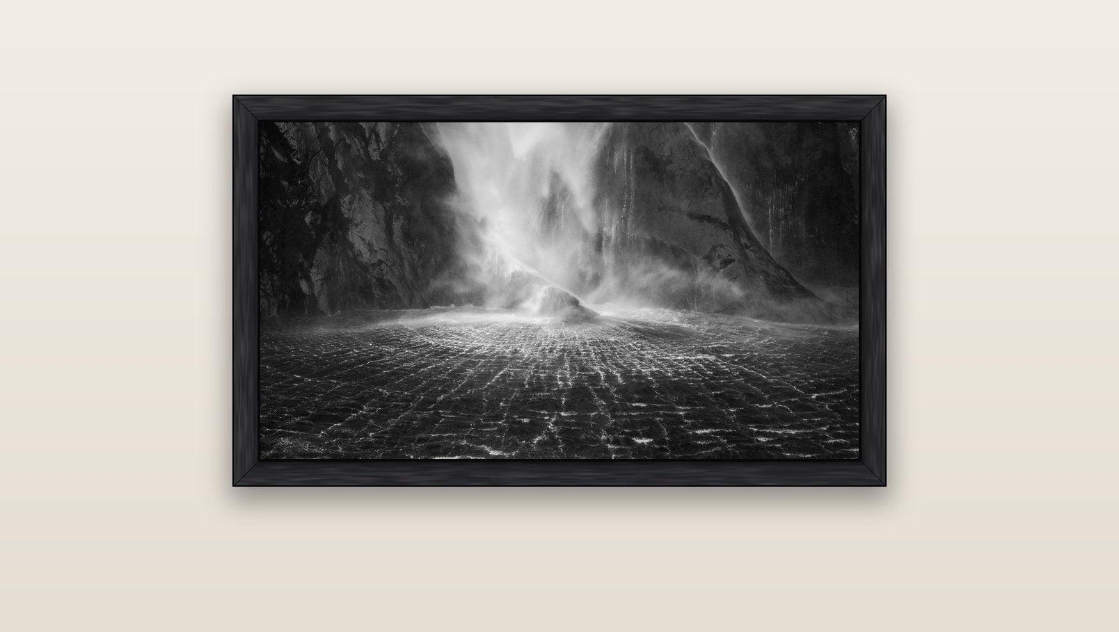 Stirling Falls, Milford Sound — black float frame canvas, 91 × 51 cm. New Zealand fine art landscape wall art by Stephen Milner.