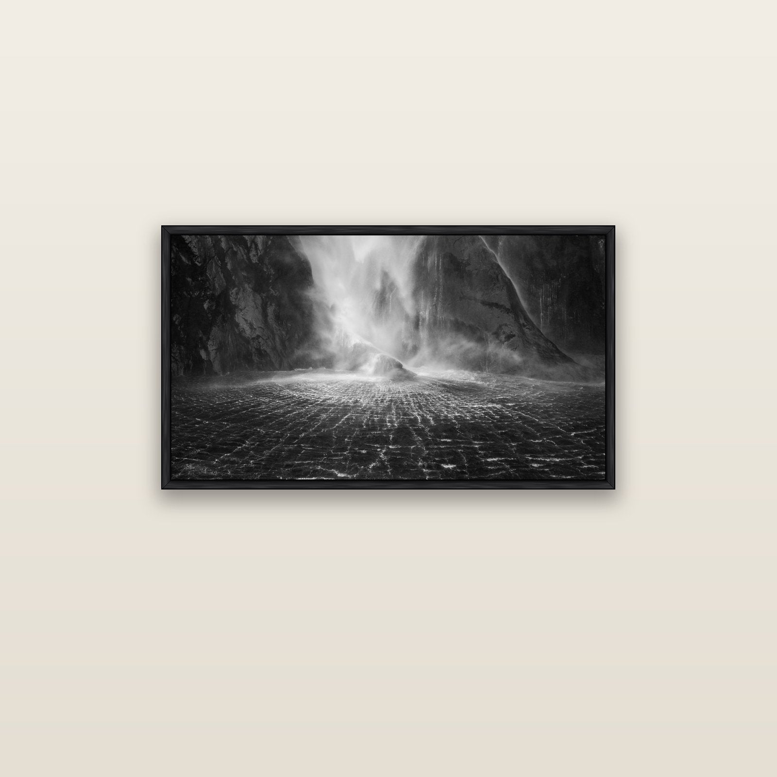 Stirling Falls, Milford Sound — black float frame canvas, 91 × 51 cm. New Zealand fine art landscape wall art by Stephen Milner.