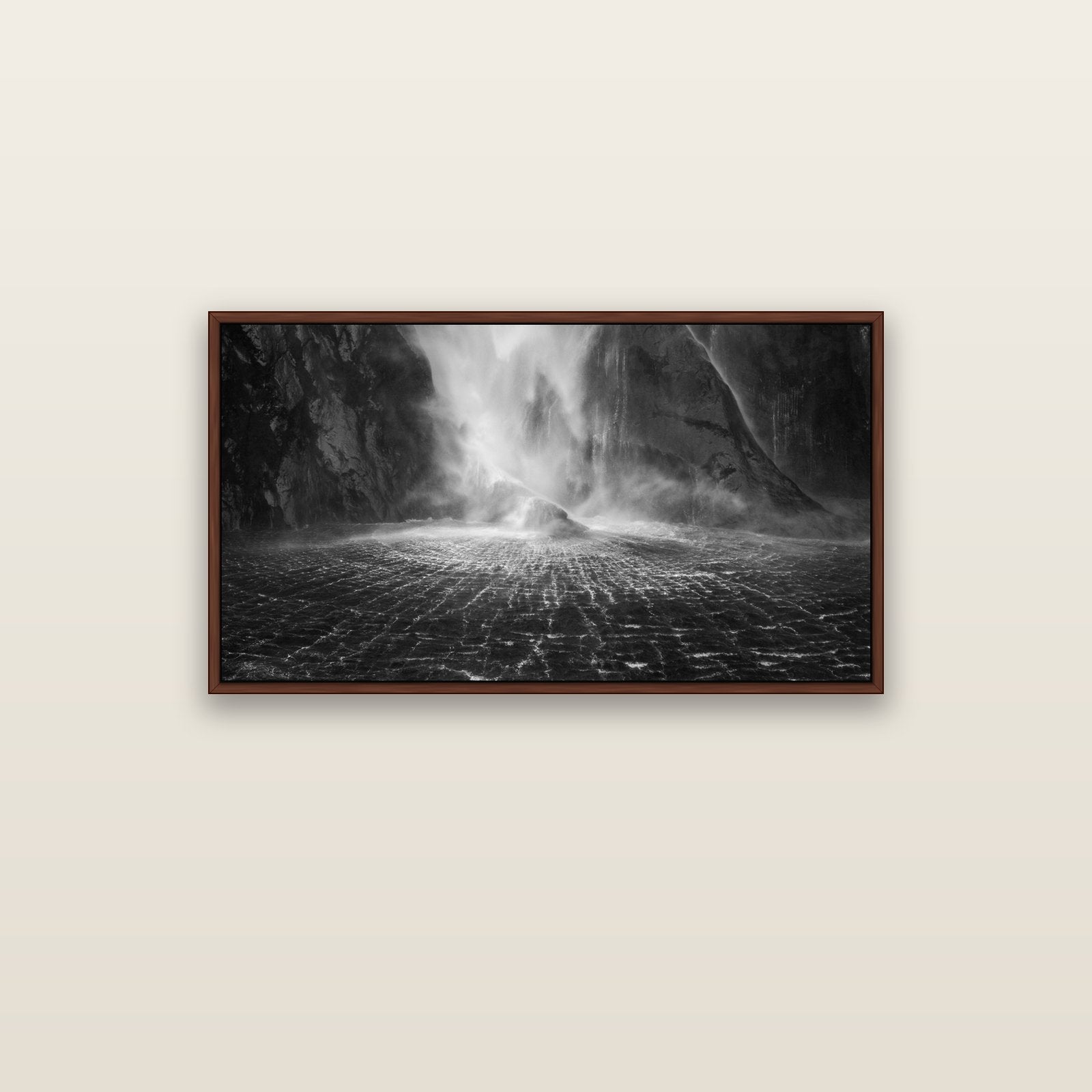 Stirling Falls, Milford Sound — brown float frame canvas, 102 × 56 cm. New Zealand fine art landscape wall art by Stephen Milner.