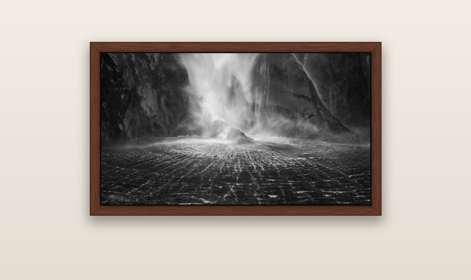 Stirling Falls, Milford Sound — brown float frame canvas, 102 × 56 cm. New Zealand fine art landscape wall art by Stephen Milner.