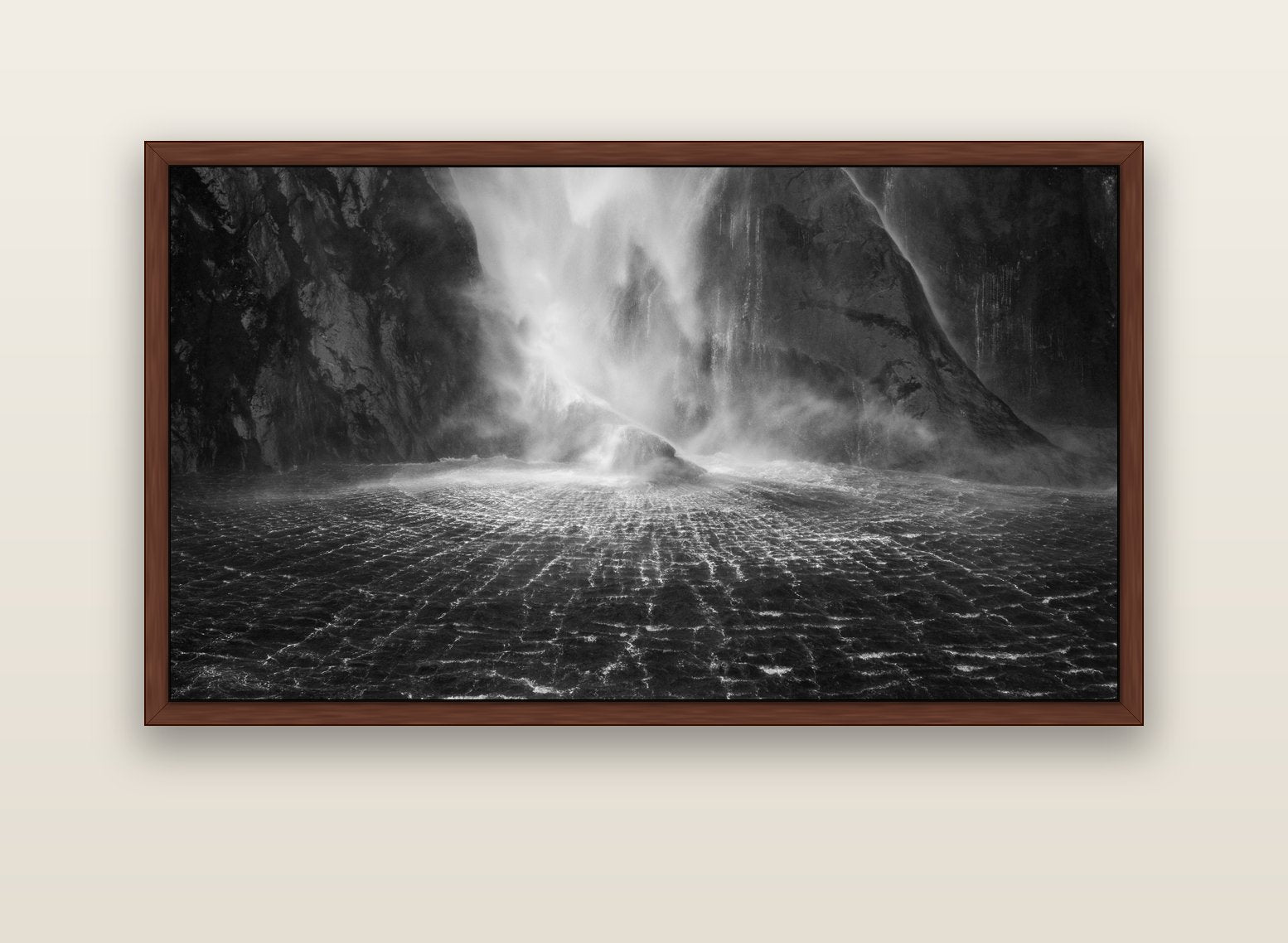 Stirling Falls, Milford Sound — brown float frame canvas, 152 × 86 cm. New Zealand fine art landscape wall art by Stephen Milner.