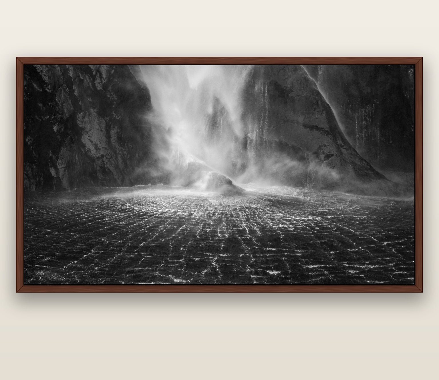 Stirling Falls, Milford Sound — brown float frame canvas, 200 × 130 cm. New Zealand fine art landscape wall art by Stephen Milner.