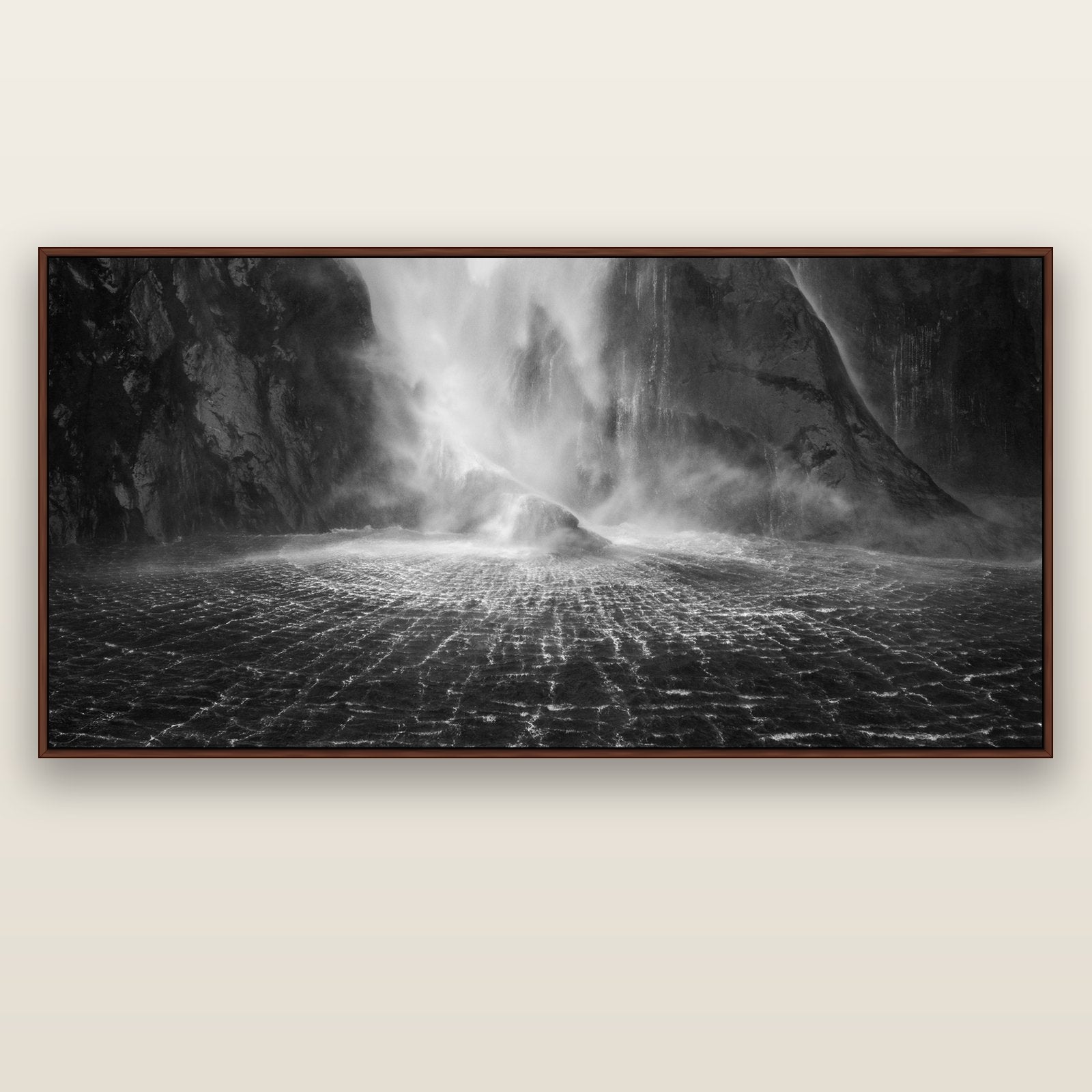 Stirling Falls, Milford Sound — brown float frame canvas, 201 × 99 cm. New Zealand fine art landscape wall art by Stephen Milner.