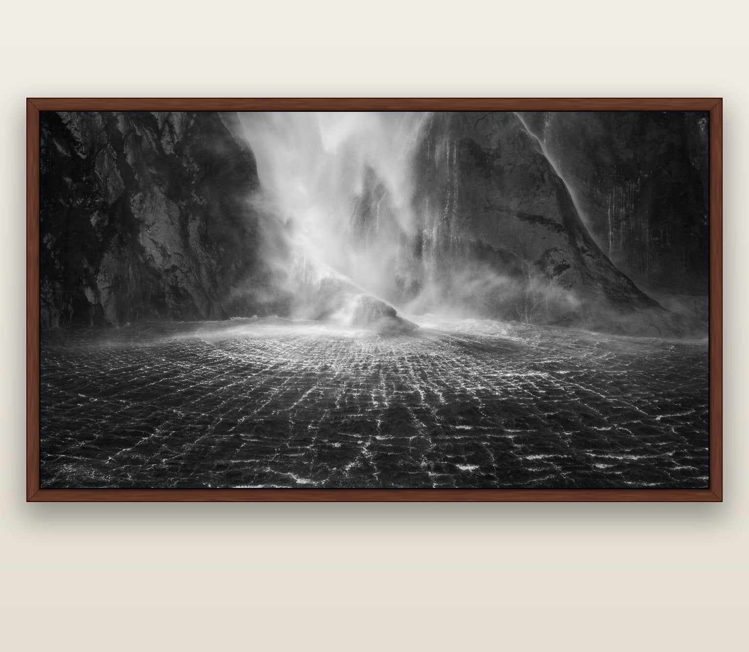 Stirling Falls, Milford Sound — brown float frame canvas, 201 × 99 cm. New Zealand fine art landscape wall art by Stephen Milner.