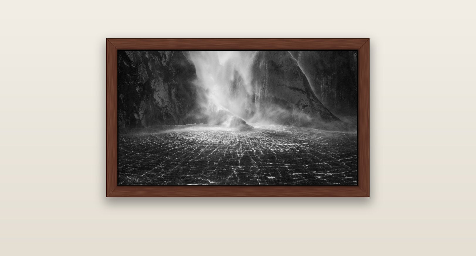 Stirling Falls, Milford Sound — brown float frame canvas, 81 × 46 cm. New Zealand fine art landscape wall art by Stephen Milner.