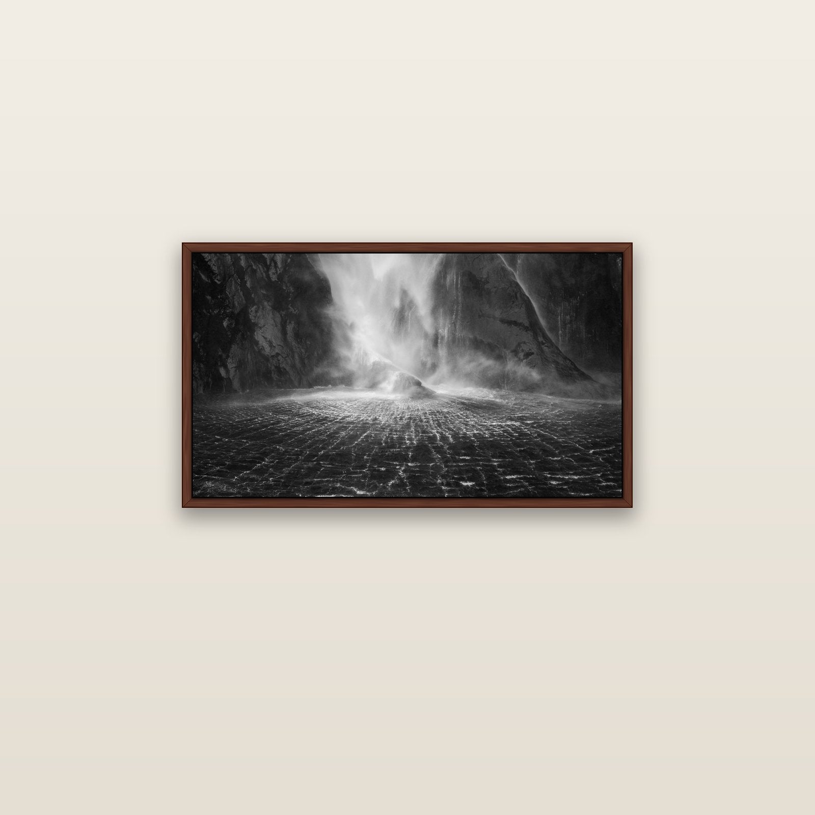 Stirling Falls, Milford Sound — brown float frame canvas, 81 × 46 cm. New Zealand fine art landscape wall art by Stephen Milner.
