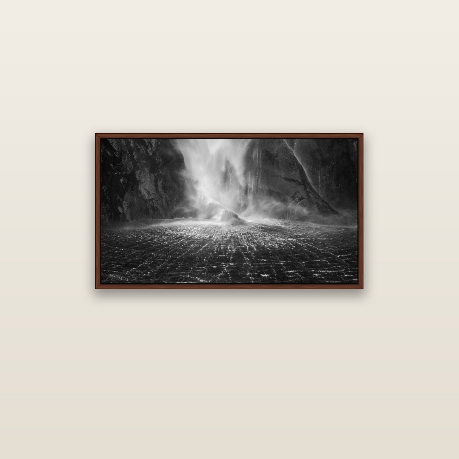 Stirling Falls, Milford Sound — brown float frame canvas, 91 × 51 cm. New Zealand fine art landscape wall art by Stephen Milner.