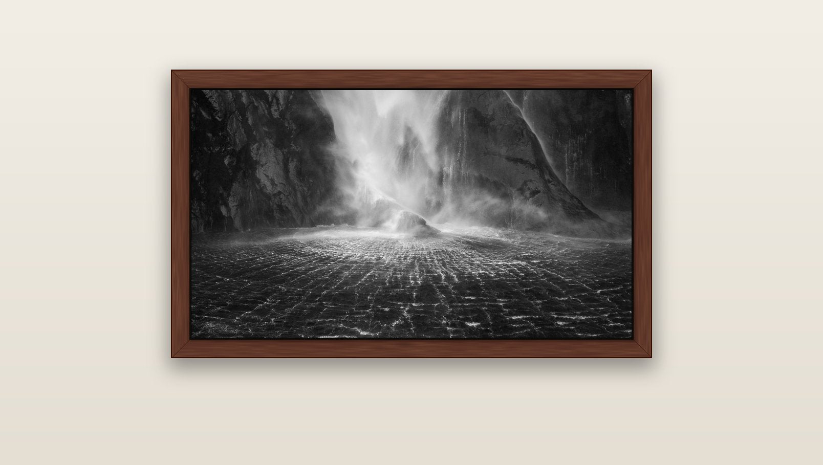 Stirling Falls, Milford Sound — brown float frame canvas, 91 × 51 cm. New Zealand fine art landscape wall art by Stephen Milner.