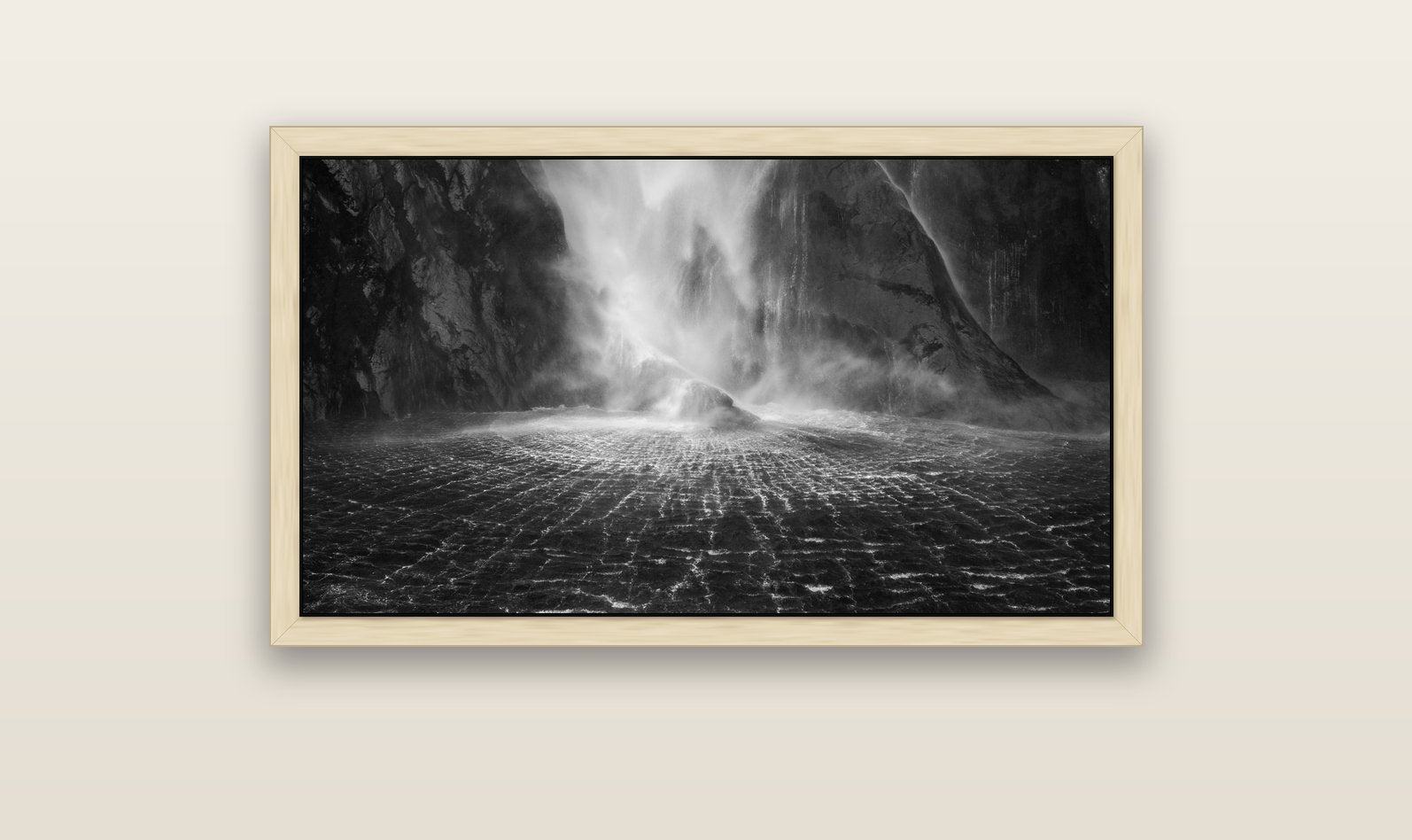 Stirling Falls, Milford Sound — natural float frame canvas, 102 × 56 cm. New Zealand fine art landscape wall art by Stephen Milner.