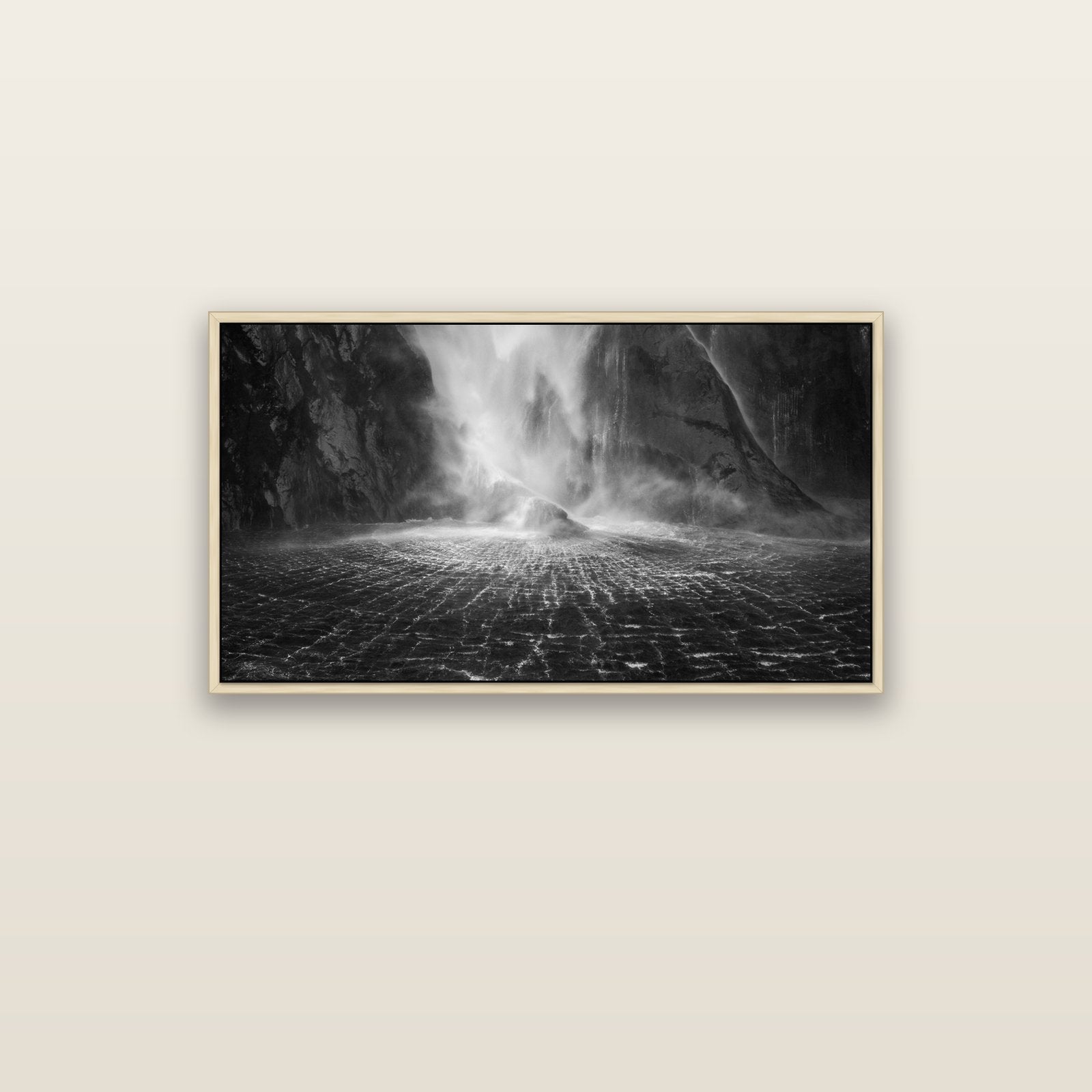 Stirling Falls, Milford Sound — natural float frame canvas, 102 × 56 cm. New Zealand fine art landscape wall art by Stephen Milner.