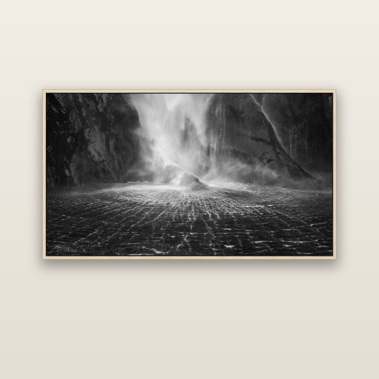 Stirling Falls, Milford Sound — natural float frame canvas, 152 × 86 cm. New Zealand fine art landscape wall art by Stephen Milner.
