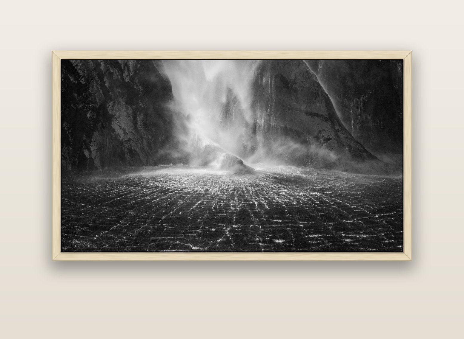Stirling Falls, Milford Sound — natural float frame canvas, 152 × 86 cm. New Zealand fine art landscape wall art by Stephen Milner.