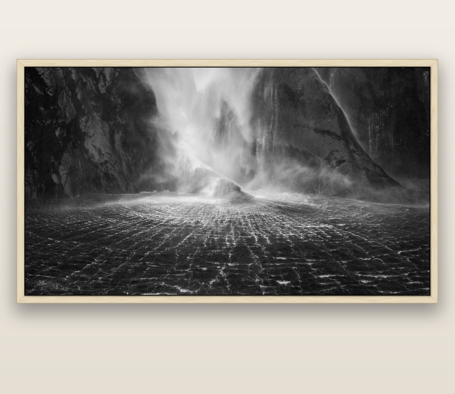 Stirling Falls, Milford Sound — natural float frame canvas, 200 × 130 cm. New Zealand fine art landscape wall art by Stephen Milner.