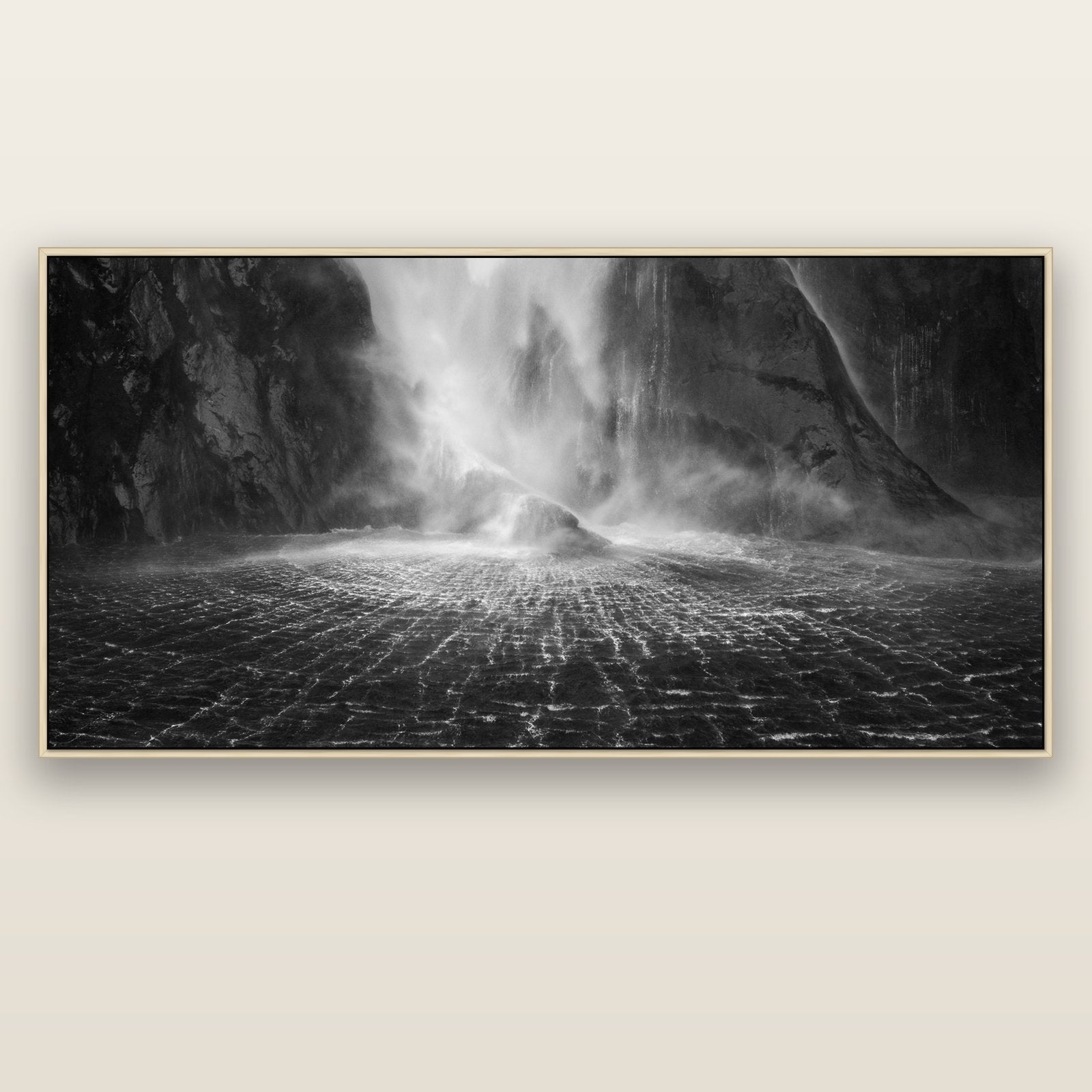 Stirling Falls, Milford Sound — natural float frame canvas, 201 × 99 cm. New Zealand fine art landscape wall art by Stephen Milner.