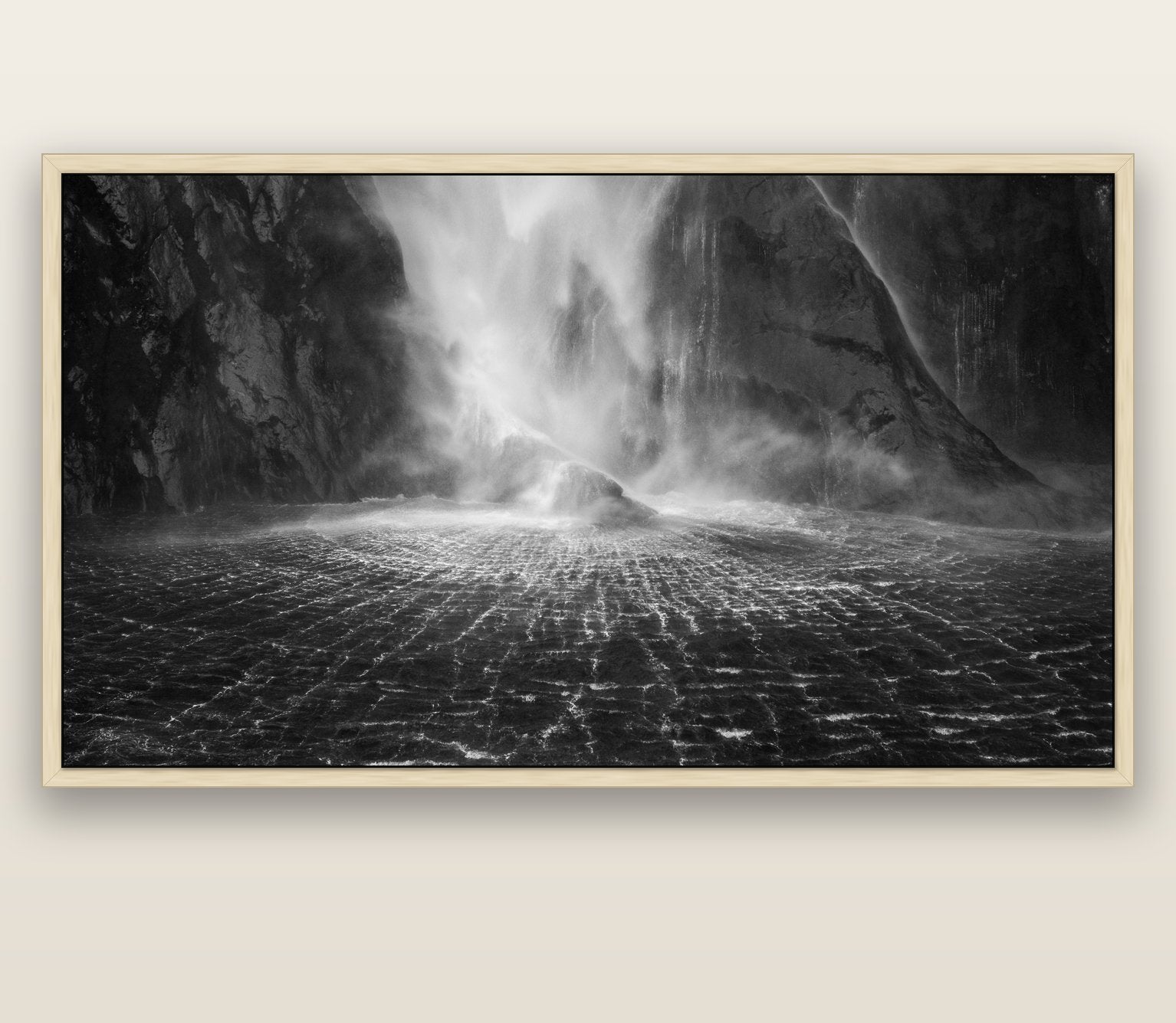 Stirling Falls, Milford Sound — natural float frame canvas, 201 × 99 cm. New Zealand fine art landscape wall art by Stephen Milner.