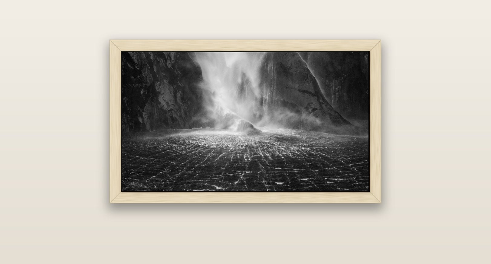 Stirling Falls, Milford Sound — natural float frame canvas, 81 × 46 cm. New Zealand fine art landscape wall art by Stephen Milner.