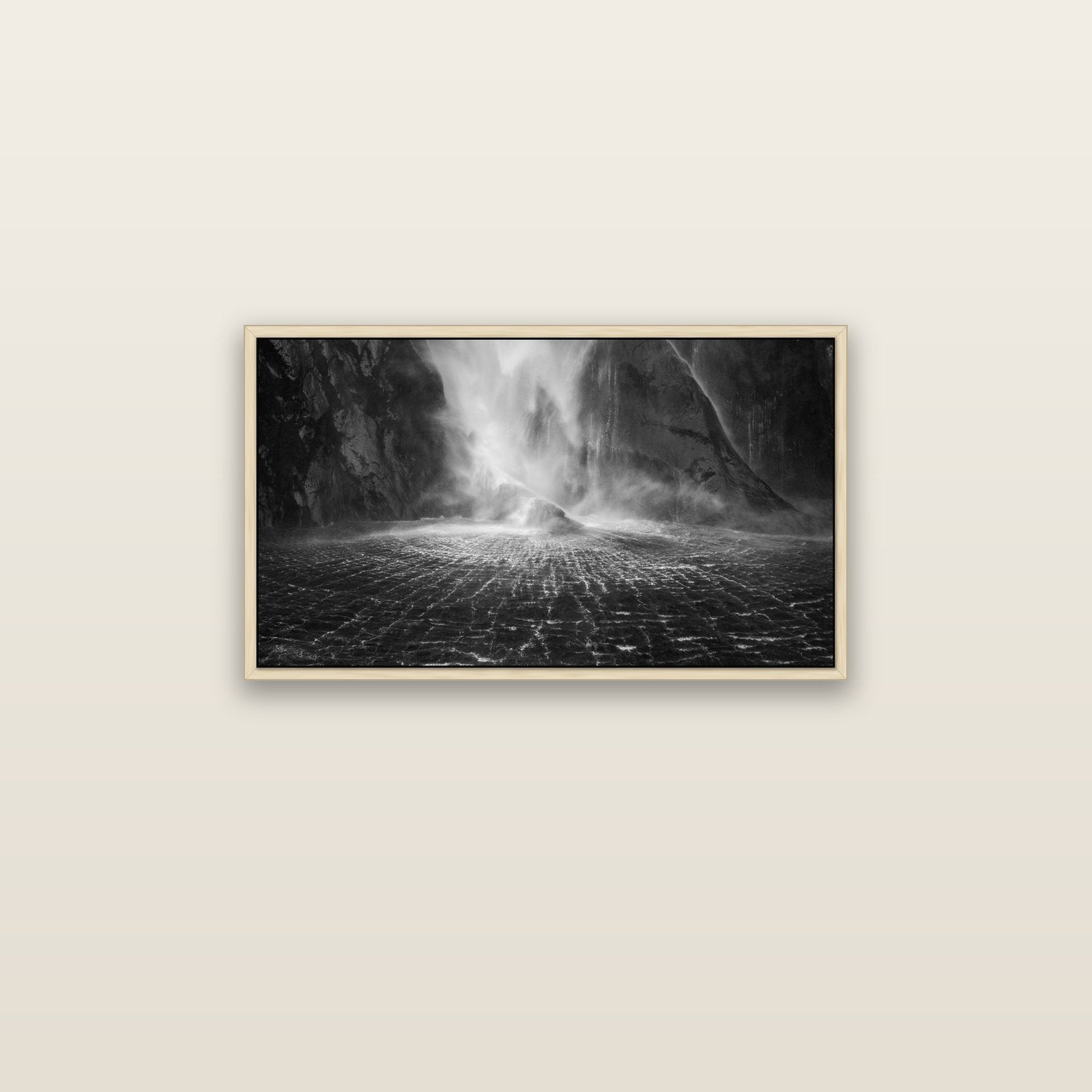 Stirling Falls, Milford Sound — natural float frame canvas, 81 × 46 cm. New Zealand fine art landscape wall art by Stephen Milner.