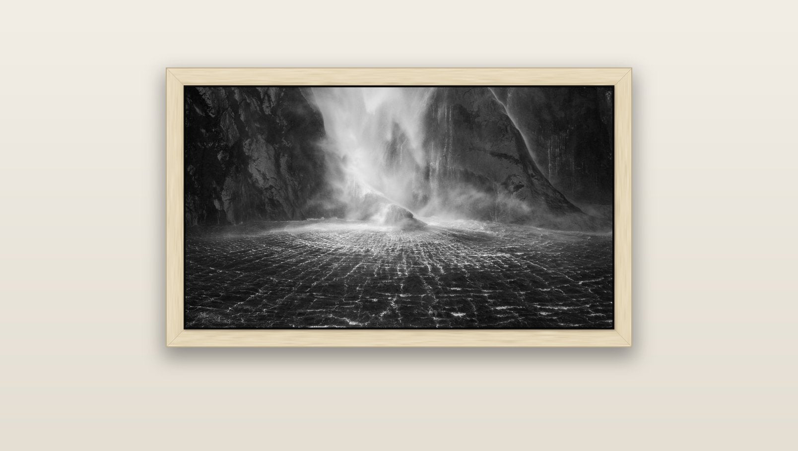 Stirling Falls, Milford Sound — natural float frame canvas, 91 × 51 cm. New Zealand fine art landscape wall art by Stephen Milner.