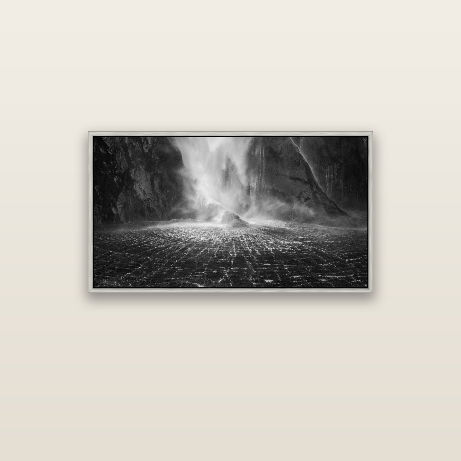 Stirling Falls, Milford Sound — silver float frame canvas, 102 × 56 cm. New Zealand fine art landscape wall art by Stephen Milner.