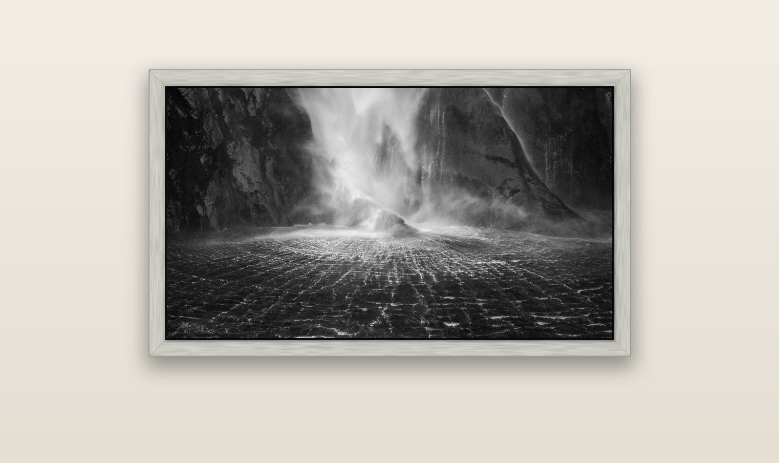 Stirling Falls, Milford Sound — silver float frame canvas, 102 × 56 cm. New Zealand fine art landscape wall art by Stephen Milner.