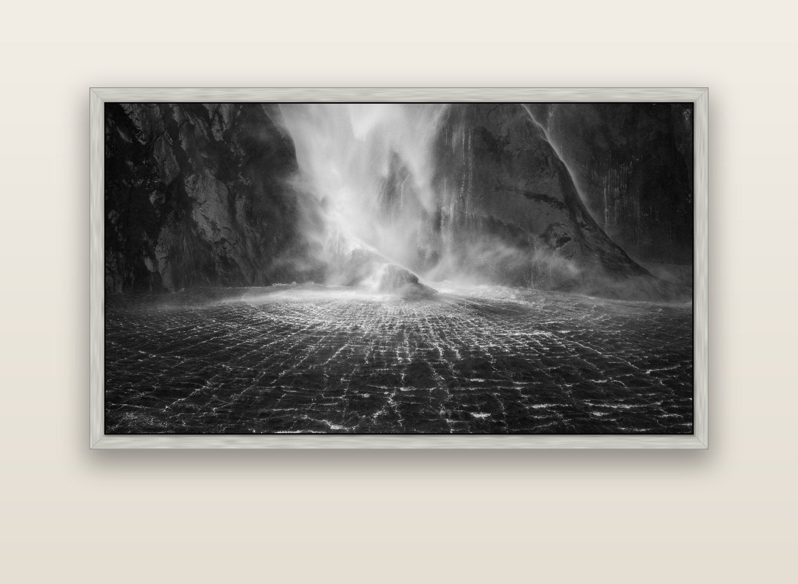 Stirling Falls, Milford Sound — silver float frame canvas, 152 × 86 cm. New Zealand fine art landscape wall art by Stephen Milner.