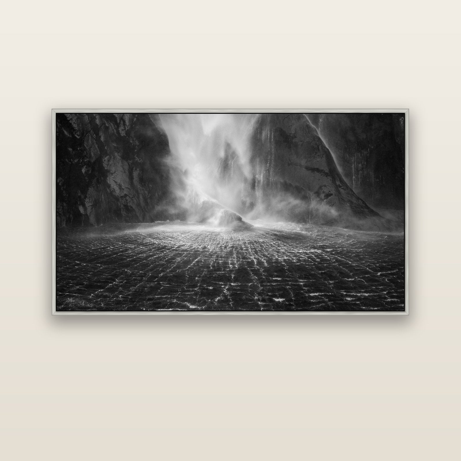 Stirling Falls, Milford Sound — silver float frame canvas, 152 × 86 cm. New Zealand fine art landscape wall art by Stephen Milner.