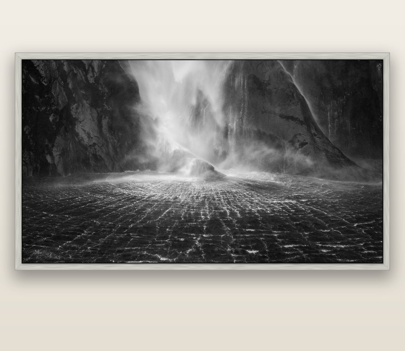 Stirling Falls, Milford Sound — silver float frame canvas, 200 × 130 cm. New Zealand fine art landscape wall art by Stephen Milner.