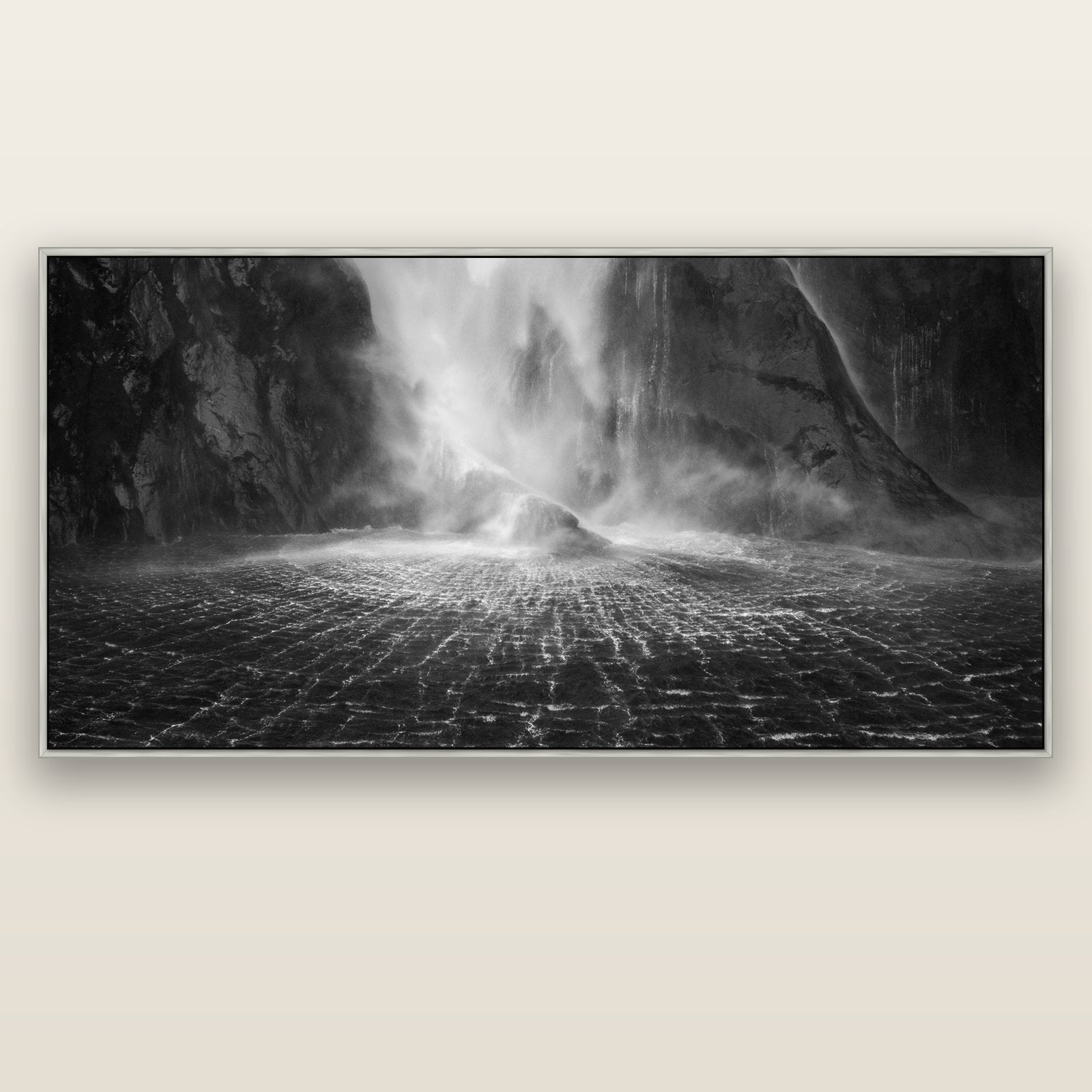Stirling Falls, Milford Sound — silver float frame canvas, 201 × 99 cm. New Zealand fine art landscape wall art by Stephen Milner.