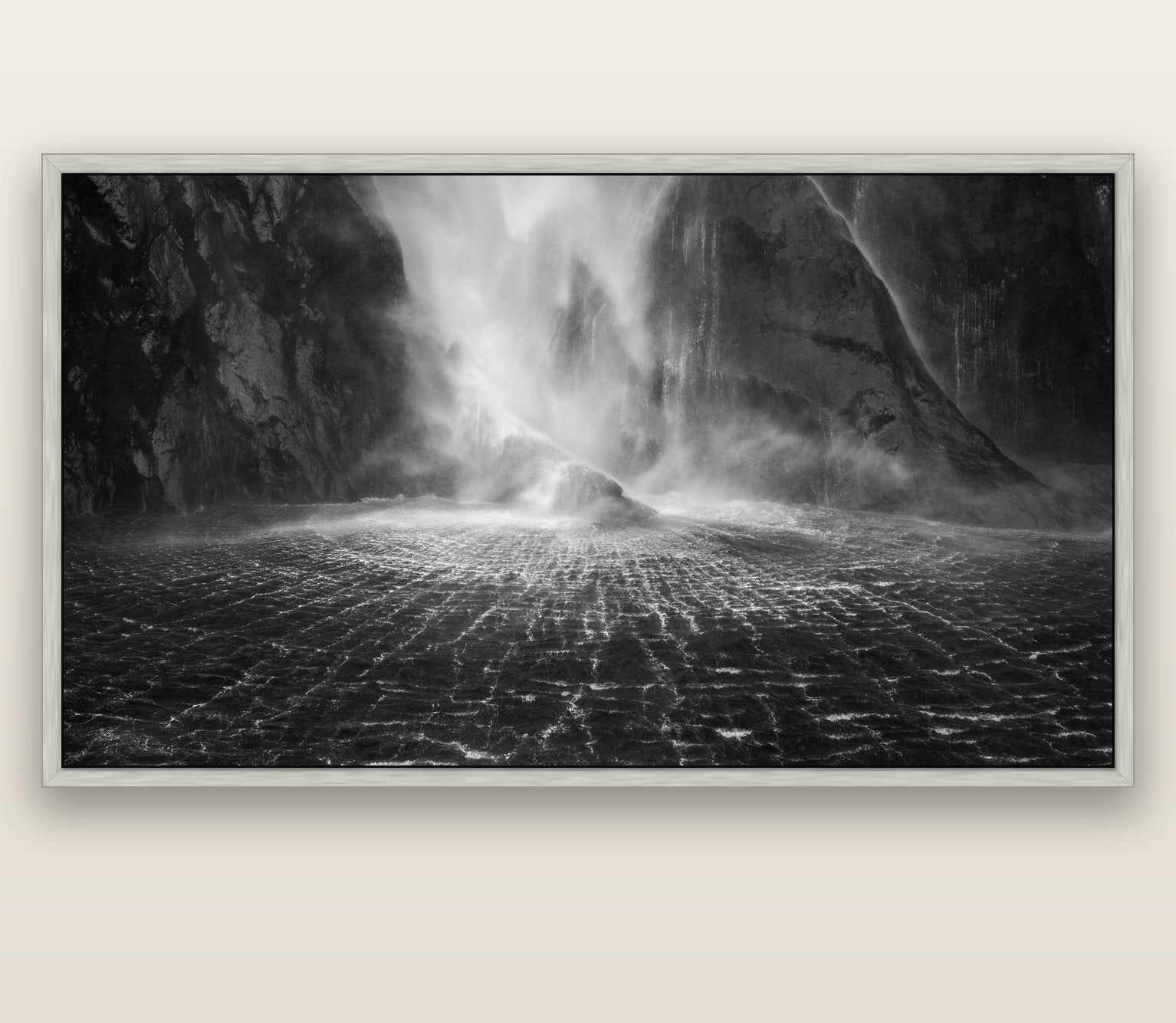 Stirling Falls, Milford Sound — silver float frame canvas, 201 × 99 cm. New Zealand fine art landscape wall art by Stephen Milner.