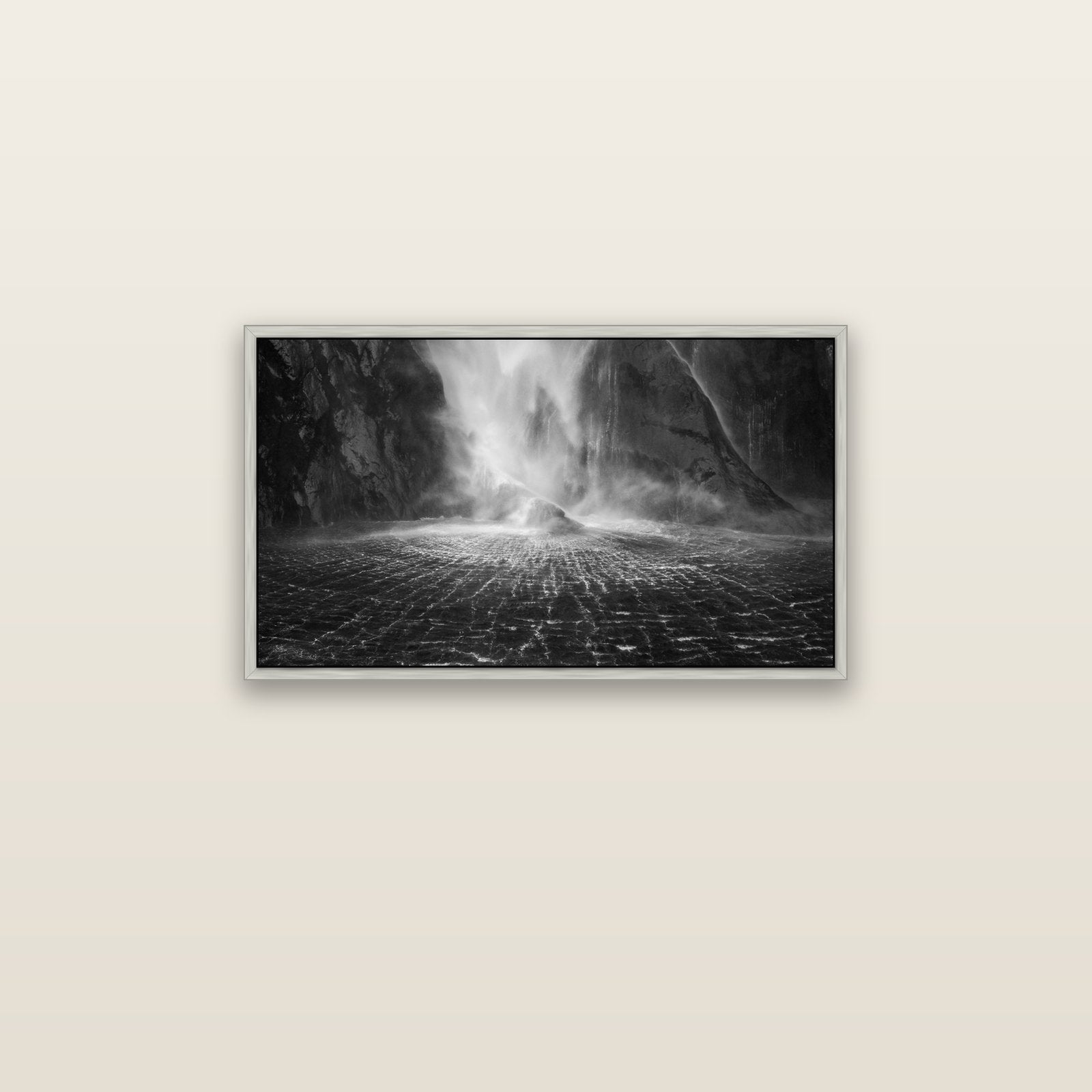 Stirling Falls, Milford Sound — silver float frame canvas, 81 × 46 cm. New Zealand fine art landscape wall art by Stephen Milner.