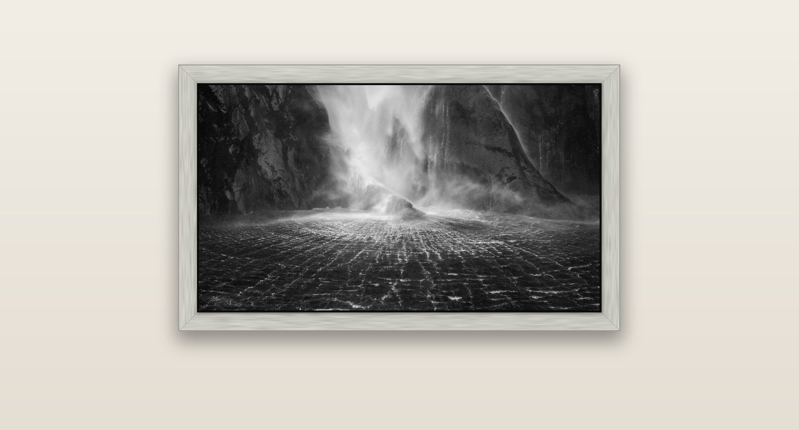 Stirling Falls, Milford Sound — silver float frame canvas, 81 × 46 cm. New Zealand fine art landscape wall art by Stephen Milner.