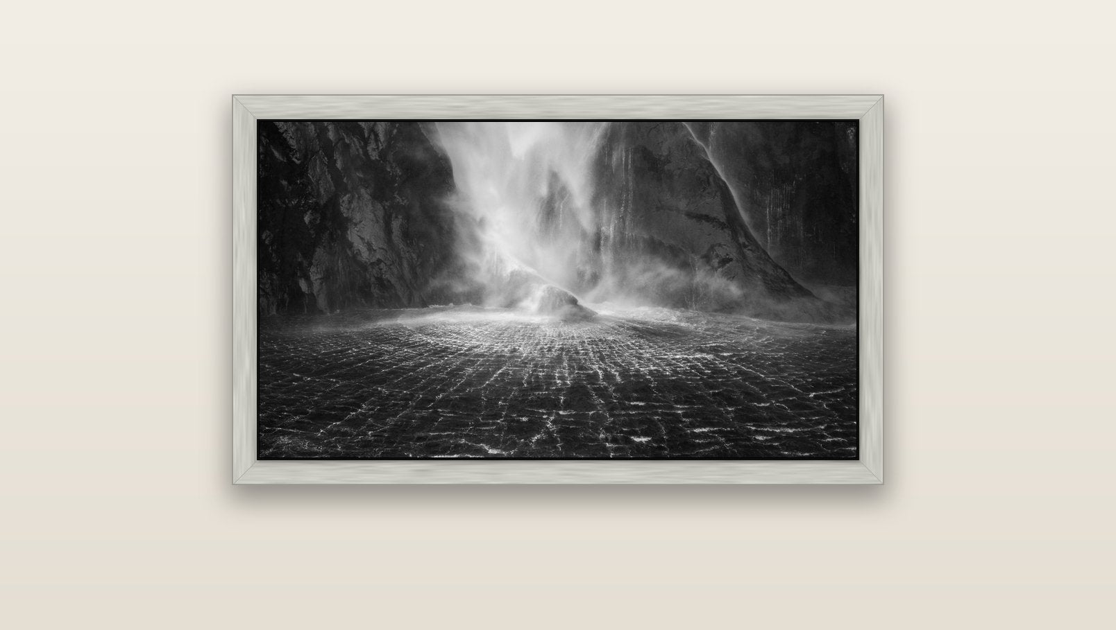 Stirling Falls, Milford Sound — silver float frame canvas, 91 × 51 cm. New Zealand fine art landscape wall art by Stephen Milner.