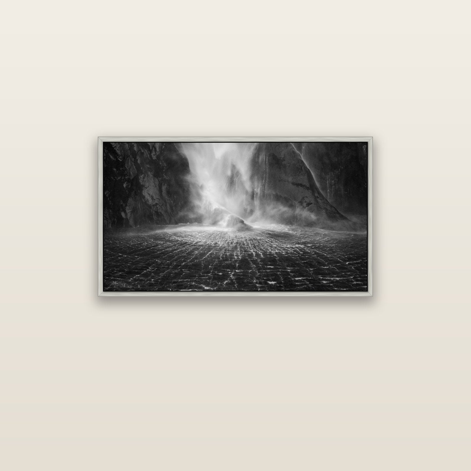 Stirling Falls, Milford Sound — silver float frame canvas, 91 × 51 cm. New Zealand fine art landscape wall art by Stephen Milner.