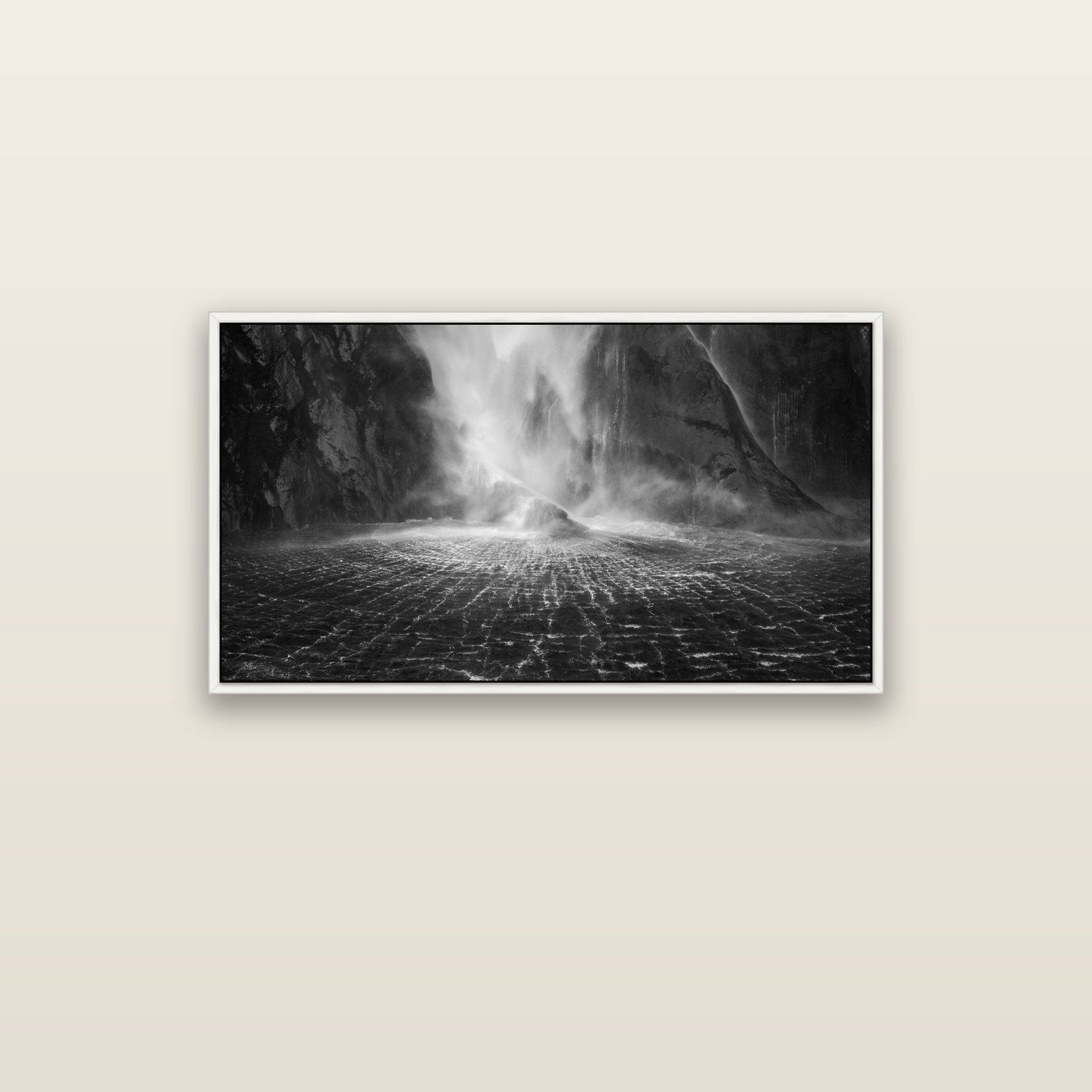 Stirling Falls, Milford Sound — white float frame canvas, 102 × 56 cm. New Zealand fine art landscape wall art by Stephen Milner.